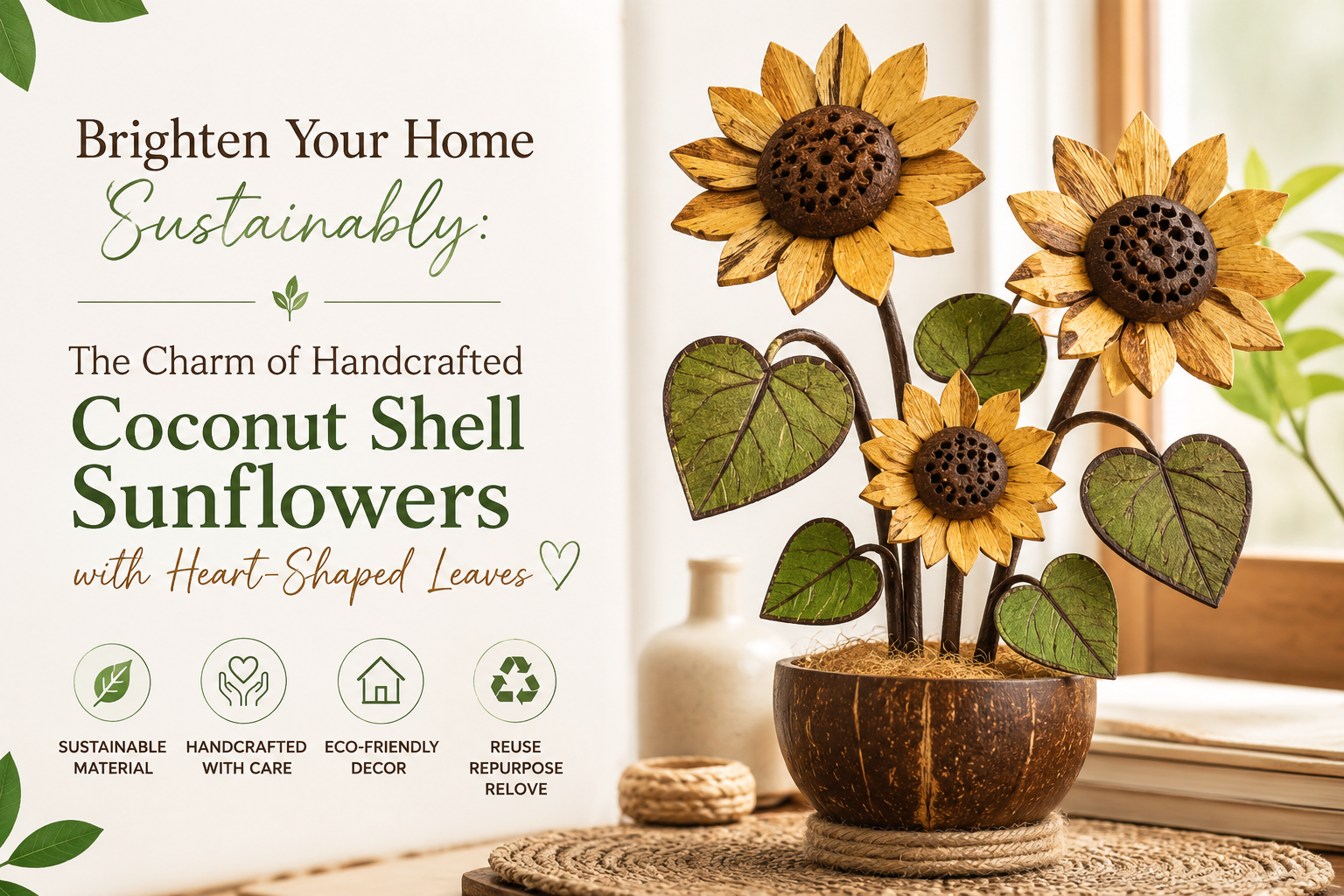 Brighten Your Home Sustainably: The Charm of Handcrafted Coconut Shell Sunflowers with Heart-Shaped Leaves