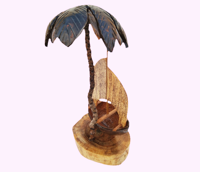 Exquisite Handmade Coconut Shell Ship Under Miniature Palm Tree - Tropical Artisan Decor - Image 2