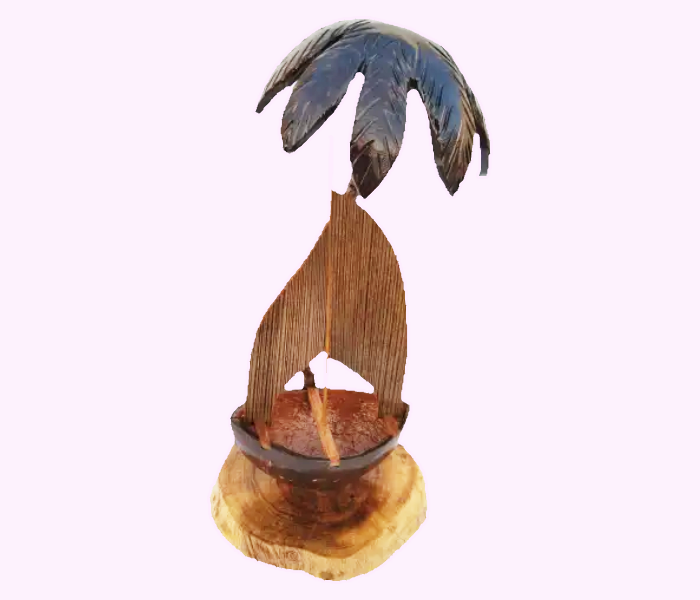 Exquisite Handmade Coconut Shell Ship Under Miniature Palm Tree - Tropical Artisan Decor - Handcrafted Product