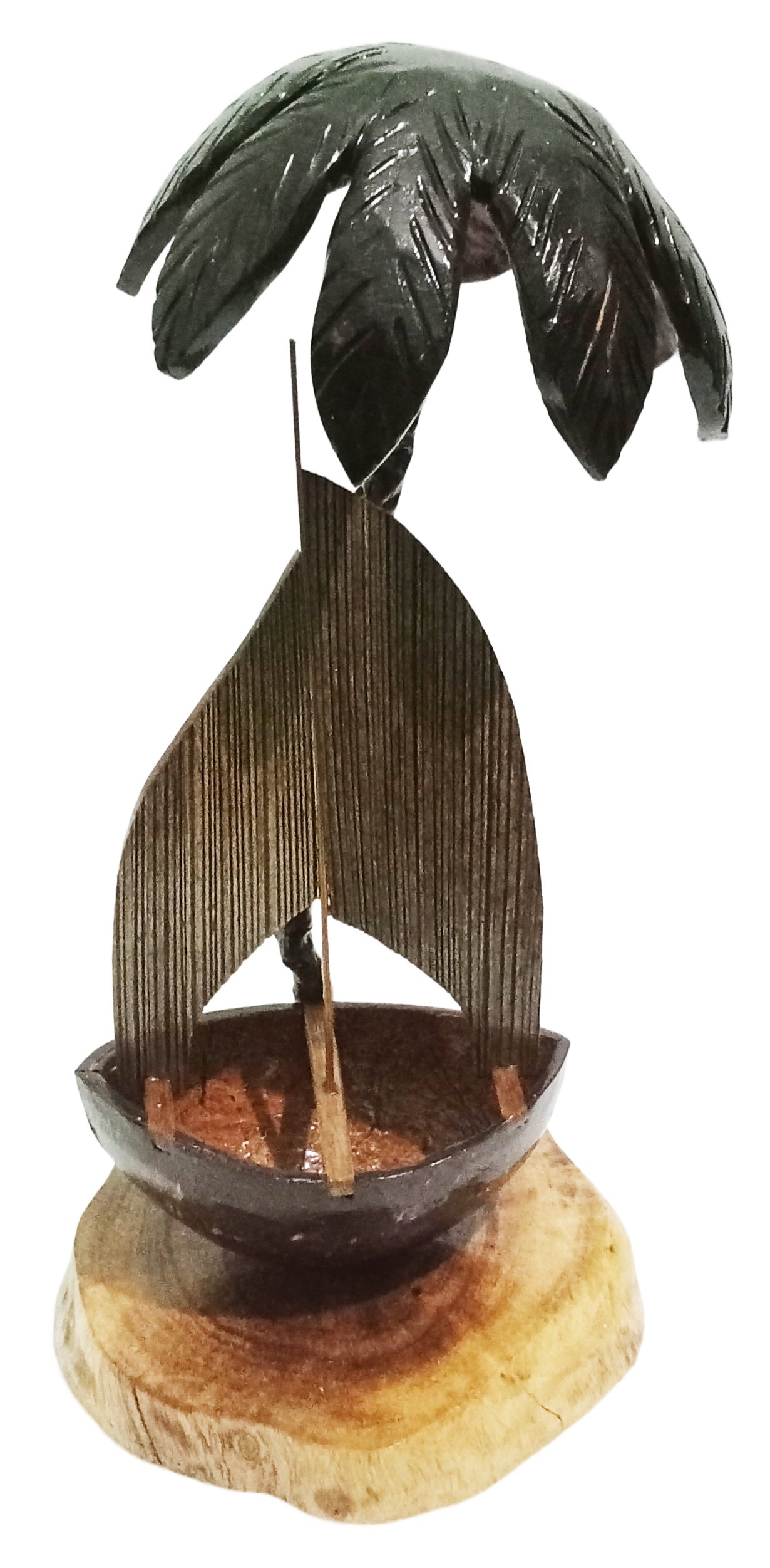 Exquisite Handmade Coconut Shell Ship Under Miniature Palm Tree - Tropical Artisan Decor - Handcrafted Product