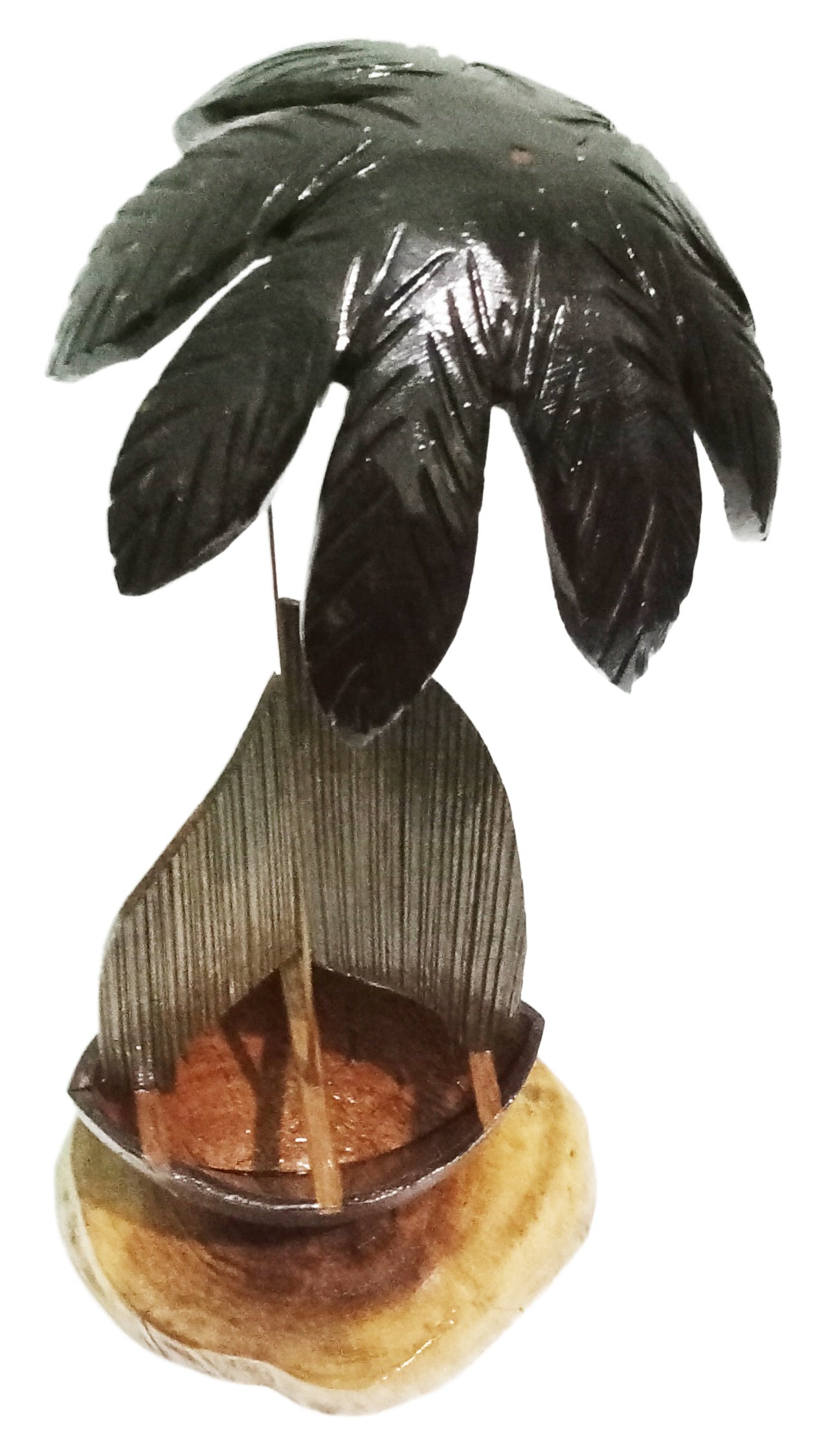 Exquisite Handmade Coconut Shell Ship Under Miniature Palm Tree - Tropical Artisan Decor - Image 2