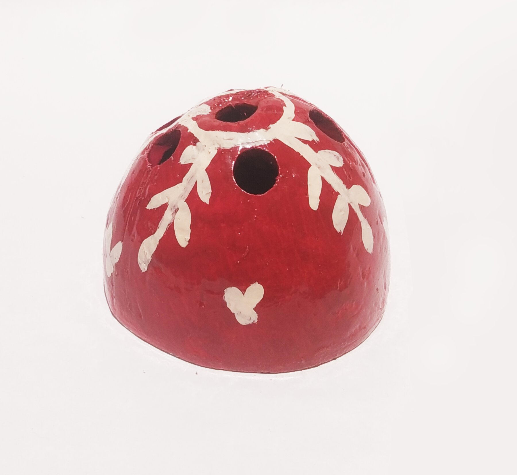 Handmade Coconut Shell Mini Pen Stand - Red with White Leaf Design - Handcrafted Product