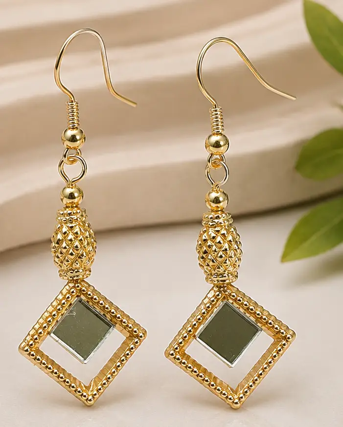 Gold Diamond Mirror Drop Earrings - Handcrafted Product