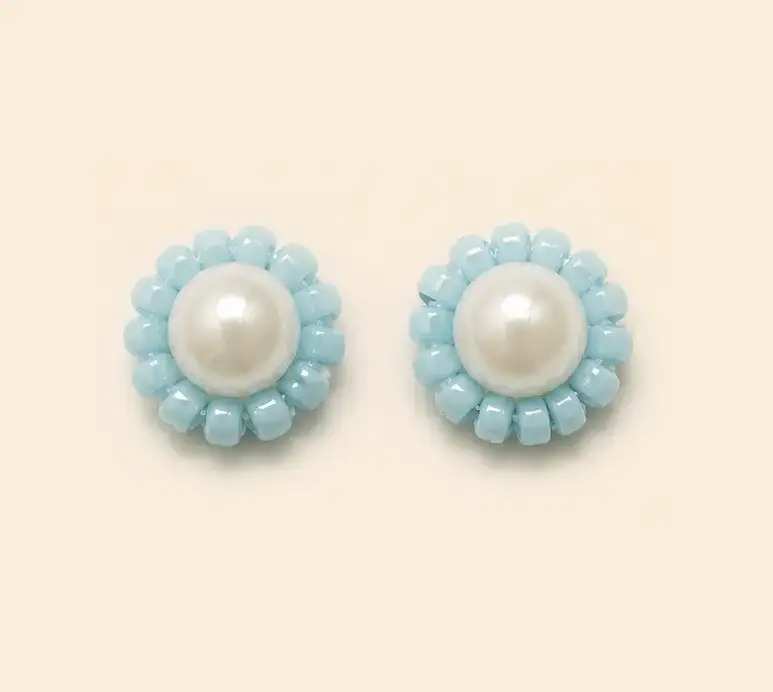 Pearl & Glass Bead Flower Stud Earrings - Blue - Handcrafted Product
