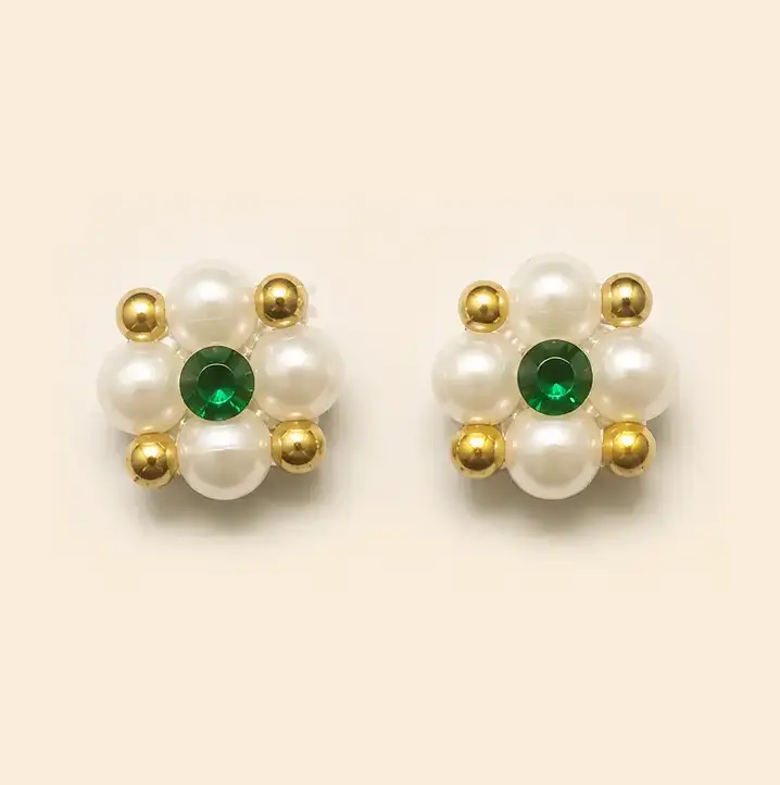 Pearl & Stone Flower Stud Earrings - Green - Handcrafted Product