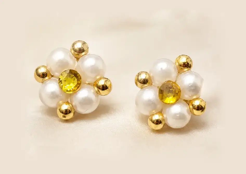 Pearl & Stone Flower Stud Earrings - Yellow - Handcrafted Product