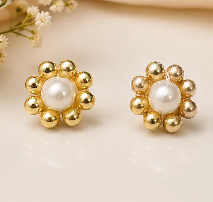 Pearl & Gold Bead Flower Stud Earrings - Handcrafted Product