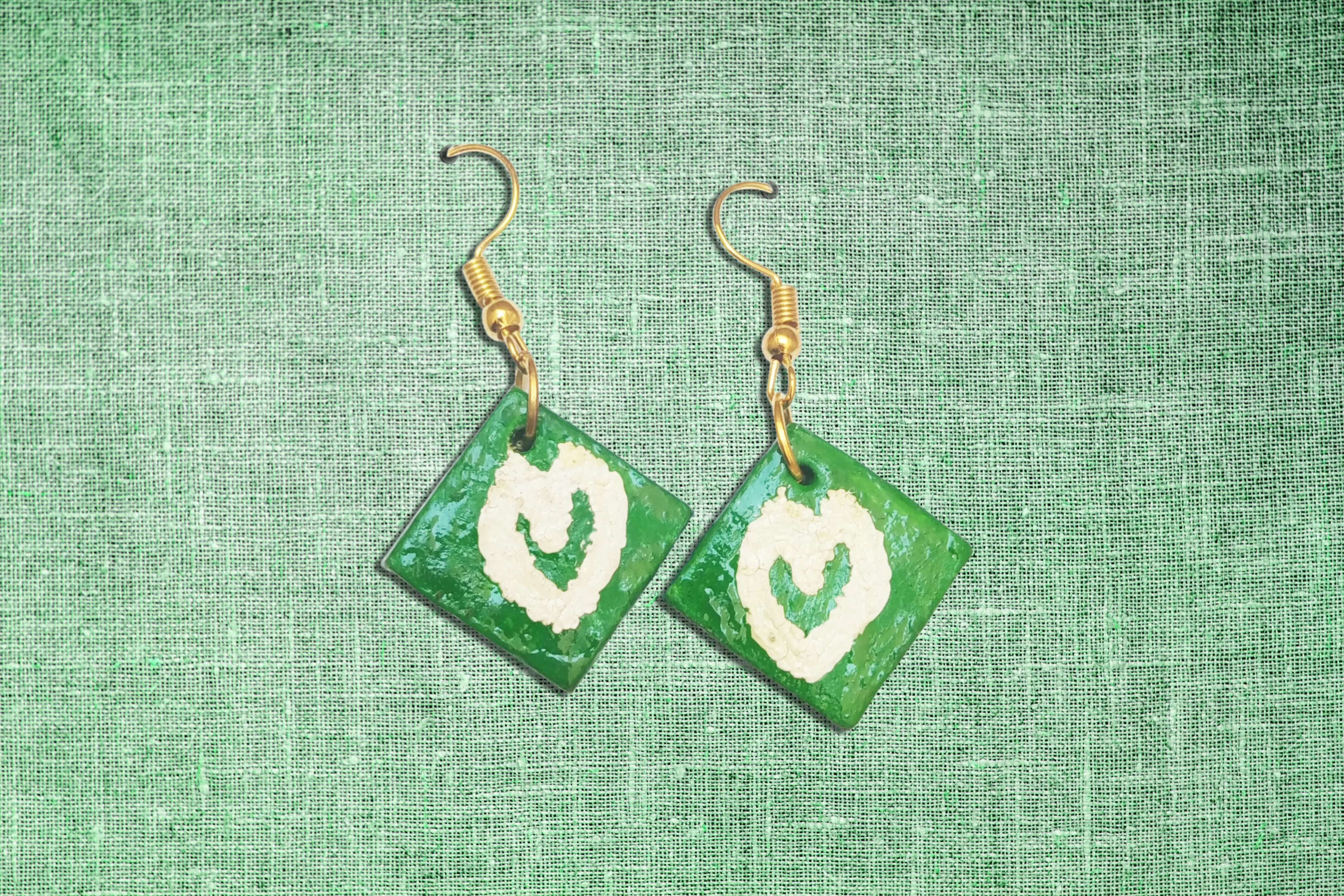 Terracotta Square Heart Earrings - Green - Handcrafted Product